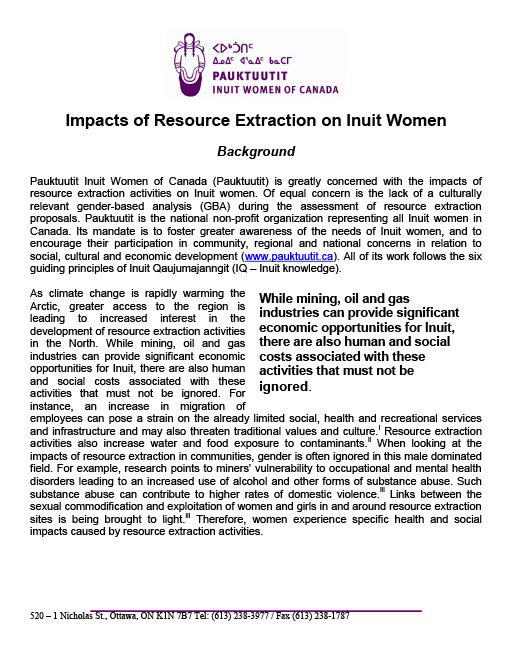 Impacts of Resource Extraction on Inuit Women Fact Sheet