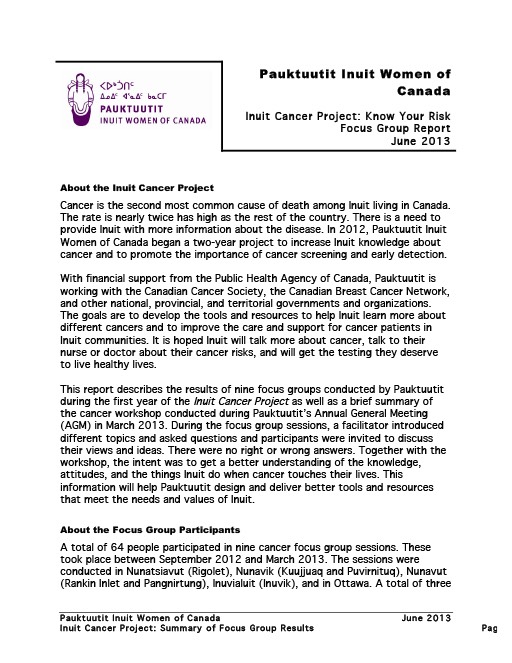 Inuit Cancer Project: Know Your Risk Focus Group Report