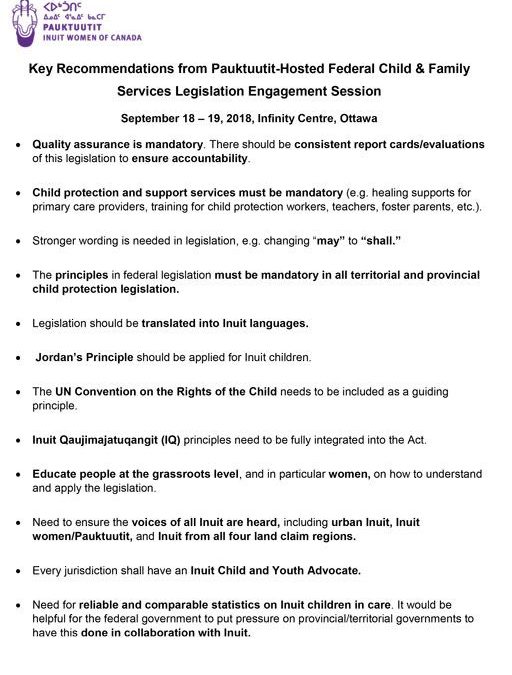 Key Recommendations from Pauktuutit-Hosted Federal Child & Family Services Legislation Engagement Session