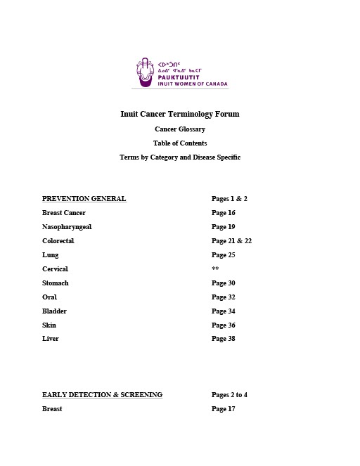 Inuit Cancer Terminology Forum – Table of Contents