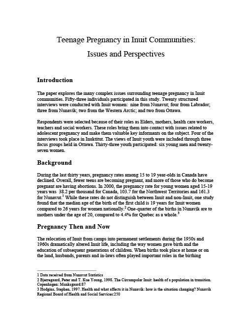 Teenage Pregnancy in Inuit Communities: Issues and Perspectives – Executive Summary